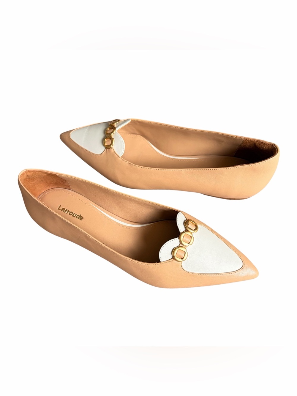 Larroudé Colorblock Leather Pointed Toe Flats Gold Hardware Nude Beige White sz9